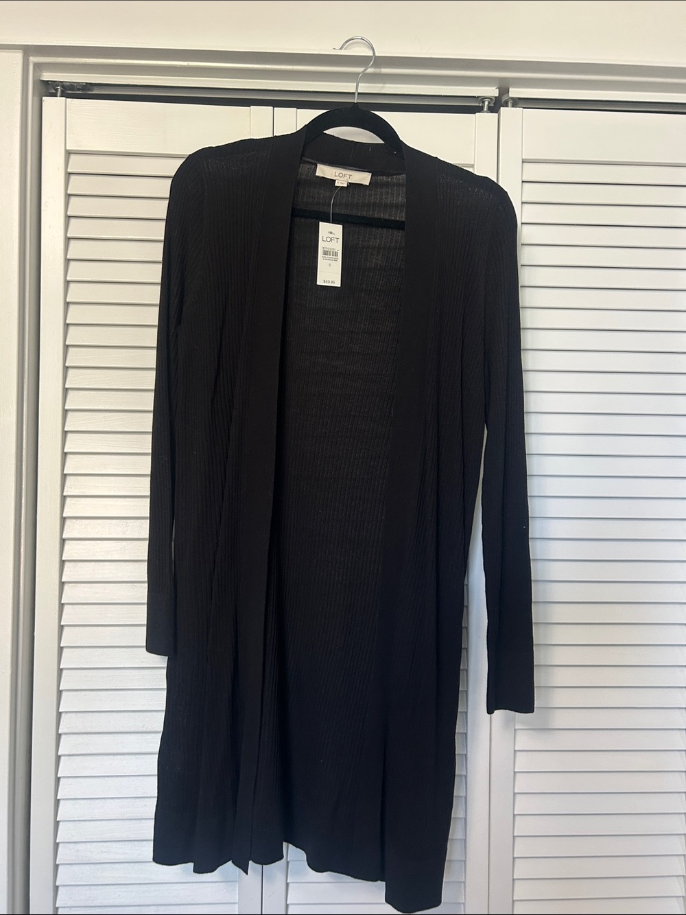 LOFT Black Ribbed Open-Front Long Cardigan
